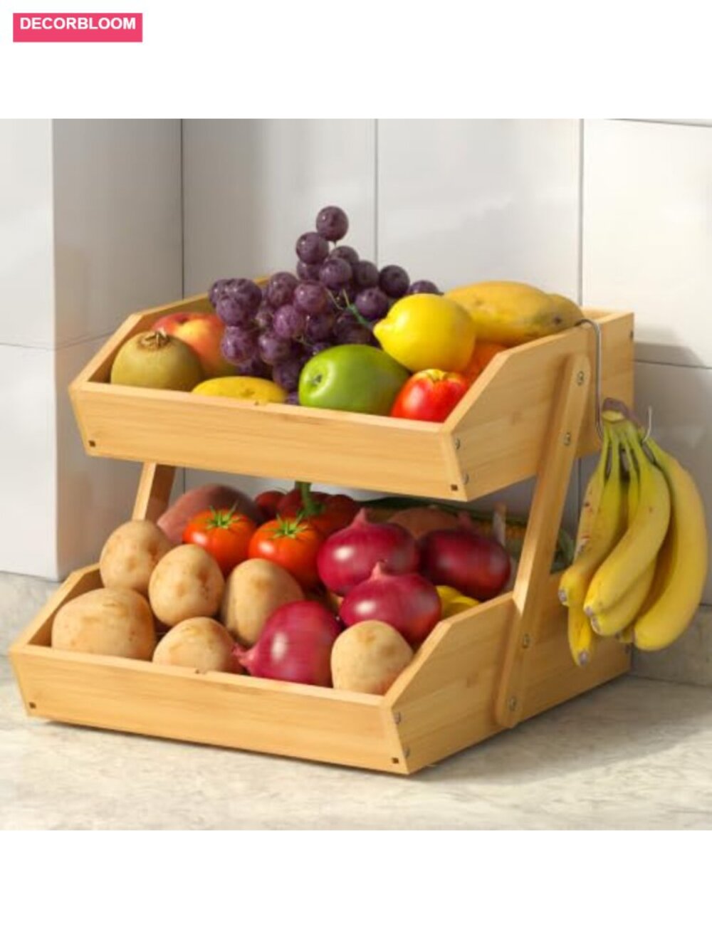 2-Tier Bamboo Fruit Basket with Banana Hooks